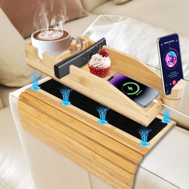 Imagem de Suporte de copo magnético 4 em 1 para sofá – mesa de apoio de braço dobrável com mesa de apoio de braço para sofá, pode ser guardado para controle remoto, bebidas, lanches (cor de madeira original)