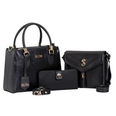 Imagem de Selten Conjunto de Bolsas Femininas, 6 Peças, Couro Sintético Preto, Alça Transversal, Detalhes Dourados