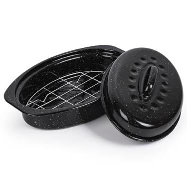 Imagem de Assadeira de 33 cm com tampa e rack, pequena assadeira esmaltada com grelha oval, panela de granito para frango e cordeiro, resistente ao calor, forno/máquina de lavar louça/compatível com todos os