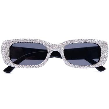 Imagem de ICARA Óculos de sol femininos de strass fashion com diamante cintilante retangular UV400 moderno retrô para festa, Branco