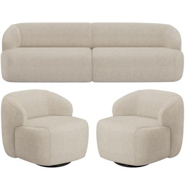 Imagem de Sofá 3 Lugares Curvo Orgânico com 02 Poltronas Para Sala Living 250cm Barolo L06 Linho Bege Escuro - Lyam Decor