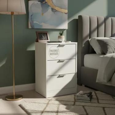 Imagem de Mesa De Cabeceira Branca 40cm com 3 Gavetas Para Quarto Lateral de Cama e Escritório Gaveteiro Organizador Já Montado (Sem Rodinhas, Puxador Cinza)