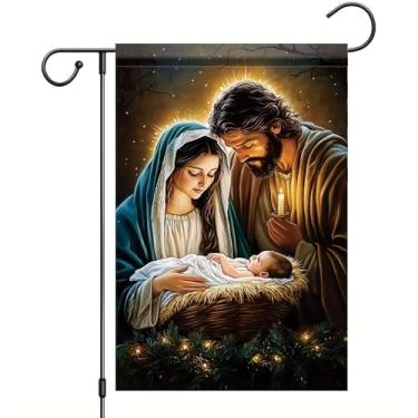 Imagem de Saoplasa Bandeira de jardim de Natal 30,5 x 45,7 cm, presépio de família sagrada com Maria José e o bebê Jesus, faixa de gramado para varanda para decoração de casa sazonal de férias