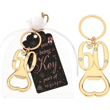 Imagem de 12 peças 60º chaveiro de ouro abridor de garrafas, lembrancinhas de festa de 60 anos, 60 abridores de garrafas de cerveja 60 lembranças de aniversário presentes de devolução para convidados