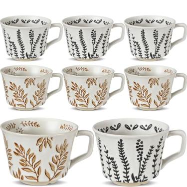 Imagem de Sunnychicc 8 peças canecas de café de cerâmica 340 g novidade xícara de chá com alça de grés caneca presentes para chá Mocha Latte Cappuccino Espresso (Vinhas de hera exuberante e grama fresca)