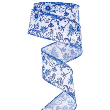 Imagem de CRASPIRE 12 metros fita de flor azul floral com borda fio 6,3 cm vintage aquarela chinoiserie rolo de acabamento de borda de tecido de serapilheira para arcos de guirlanda fazer embrulho de presente