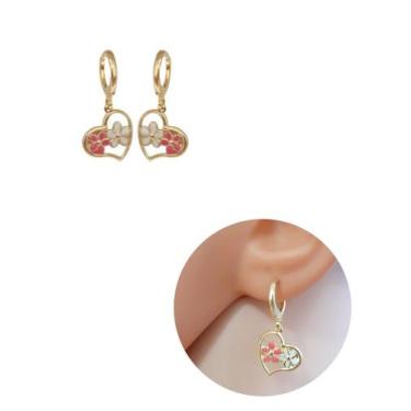 Imagem de Brinco Argolinha Coração com Flor Resinado Folheado Ouro 18k - MIXFOLH