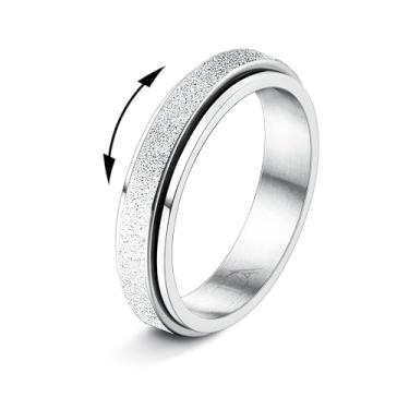 Imagem de Anéis Fidget para mulheres e homens – Anel giratório de aço inoxidável de 4 mm com purpurina, jateamento de areia, joia de ansiedade para promessa de casamento, aço inoxidável, Sem pedra preciosa