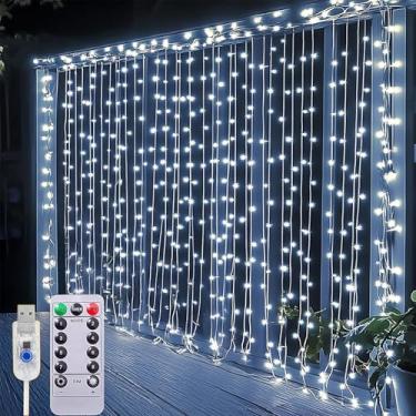 Imagem de Trailabo Cortina Luz LED, 3x6M com 600 Lâmpadas LED, Interface USB com Controle Remoto, 8 Funções de Iluminação, À Prova D'Água para Decoração Festiva e Uso no Natal. (Luz Branca Fria)