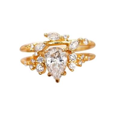 Imagem de Um conjunto de anéis de noivado de lágrima branca de zircônia cúbica banhada a ouro, alianças de compromisso, festas noturnas, presentes de dia dos namorados, alianças de eternidade para mulheres, 8