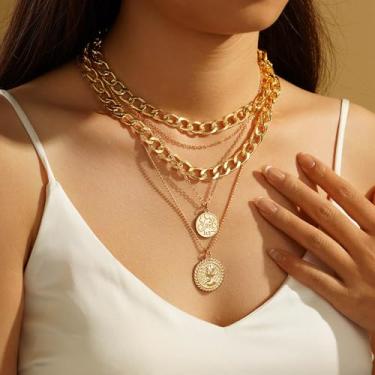 Imagem de Colares em camadas para mulheres, moderno, retrô, moeda, banhado a ouro, colar com pingente não mancha, corrente grossa, elos ajustáveis, gargantilha empilhável, joias de Natal, aniversário, presentes
