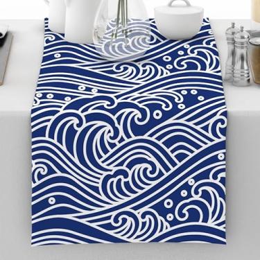 Imagem de Caminho de mesa com tema de oceano náutico, azul, ondas do mar, corredores de mesa, cozinha, sala de jantar, decoração para casa, praia, festa, 33 x 182 cm