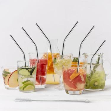 Imagem de Canudos reutilizáveis pacote com 6, canudos de aço inoxidável, canudos de metal para smoothies, copos de coquetel, milkshake, conjunto de 6 dobras com 1 escova de limpeza, prata