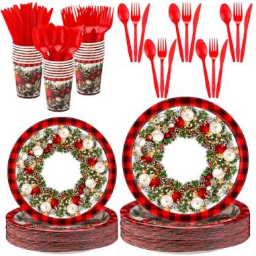 Imagem de Yungyan Conjunto de utensílios de mesa de bola de Natal xadrez de búfalo para 25 convidados, artigos de festa de Natal descartáveis, utensílios de jantar de Natal, chapa de papel, faca, colher, garfo