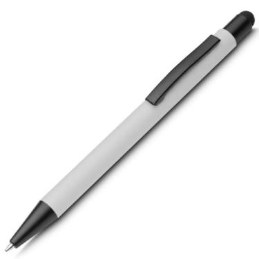 Imagem de Caneta Esferográfica em Metal, Corpo Emborrachado, Ponta Touch, Escrita Azul, Refil Tipo Parker, Ponta Fina, Design Ergonômico, Forma Cilíndrica (Branco)