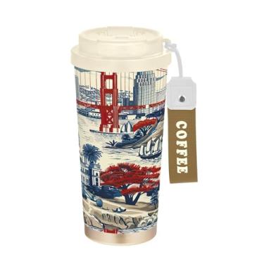 Imagem de SEHANY American Famous Landmarks Caneca de viagem de 482 g Copos de café reutilizáveis revestidos de cerâmica com tampa à prova de vazamento, parede dupla, isolamento a vácuo, copo de café de aço