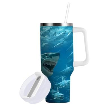 Imagem de ATTX Copo de tubarão marinho de 850 g com alça - Caneca de viagem de aço inoxidável isolada a vácuo, xícara de café à prova de vazamento com canudo #840