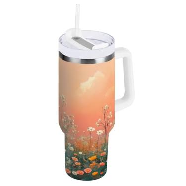 Imagem de ATTX Copo de pintura de margaridas de 1,134 g com alça, copo de aço inoxidável a vácuo de parede dupla com palha, caneca de café de viagem isolada #506