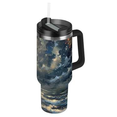 Imagem de Blueangle Copo de pintura a óleo de farol de 850 g com alça e tampa de palha, caneca de viagem de aço inoxidável isolada a vácuo de parede dupla, garrafa de água reutilizável para academia de