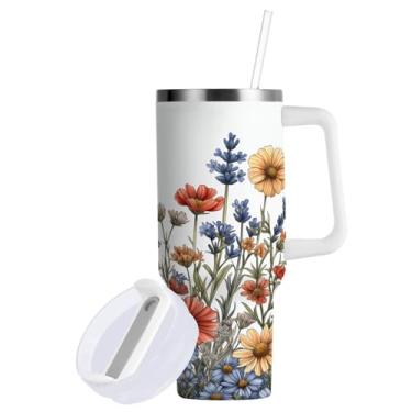 Imagem de Blueangle Copo colorido de 850 g de flores silvestres com alça e tampa de palha, copo isolado, reutilizável, garrafa de água de aço inoxidável, caneca de viagem (360)