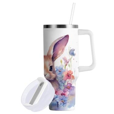 Imagem de Blueangle Copo de coelho da Páscoa de 850 g com alça e tampa de palha, copo isolado reutilizável de aço inoxidável garrafa de água caneca de viagem (57)