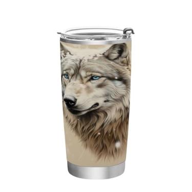 Imagem de Blueangle Copo de 590 ml com tampa e canudo, copo de café com água isolada a vácuo de aço inoxidável, caneca de viagem de lobo branco, copo térmico para bebidas quentes e frias (203)