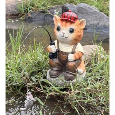 Imagem de Estátua de gato de lago de jardim ao ar livre, decorações de animais para estátuas e estatuetas de pesca de jardim ao ar livre, escultura de gato laranja de pesca para decoração de cachoeiras ou lagos