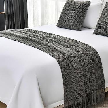 Imagem de Colcha de cama de corredor de cama moderna cor sólida tricotado cobertor de cama borla luxo macio confortável roupa de cama protetor para pé da cama toalha de cama decoração - cinza escuro||65 x 230