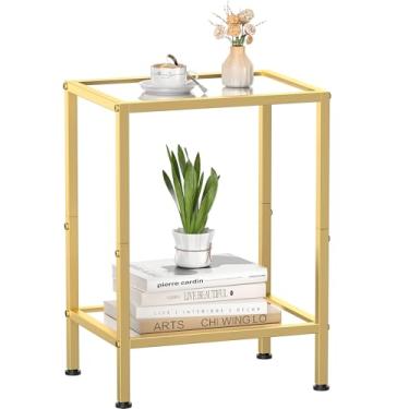 Imagem de Mesa lateral dourada, mesa de canto de vidro temperado, mesa de cabeceira de 2 camadas com prateleiras abertas, pequena mesa de centro com estilo moderno, mesa de destaque para sala de estar, quarto