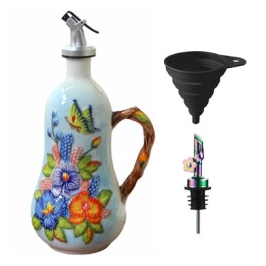 Imagem de Windefun Garrafa decorativa de 540 ml para cozinha, garrafa de azeite de oliva de cerâmica pintada à mão, recipiente de óleo de cerâmica (B-Butterfly Love Flower)