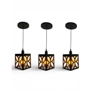 Imagem de Kit 3 Luminárias Lustre Pendente de Teto Pétala MDF 3mm, Preto, 15x12 cm