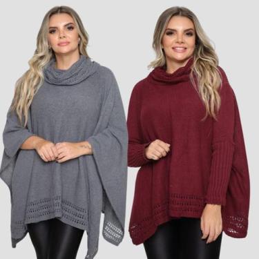Imagem de Kit 2 Poncho Feminino Tricot Liso Gola Alta Casaco Lã Inverno - GIP, C