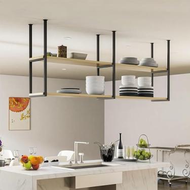 Imagem de Elegante rack de vinho de madeira de 2 camadas | Organizador de prateleira de teto montado na parede para bar e cozinha | Armazenamento versátil e suporte de plantas | Decoração de casa preta elegante