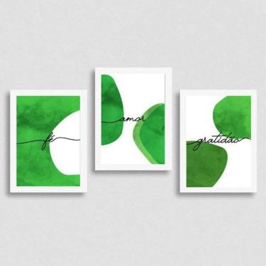 Imagem de Kit 3 Quadros Gratidão, Fé, Amor - Verde 24X18Cm
