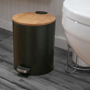 Imagem de Lixeira De Piso Metal Black Redonda Com Tampa Bambu - 5l Black Bambu