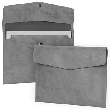 Imagem de FYY Pasta de arquivo, couro PU A4, porta-documentos, organizador de arquivos, envelope de arquivo, capa para tablet com fecho magnético para casa, escola, escritório, papelaria, cinza
