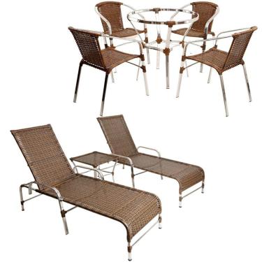 Imagem de Kit 4 Cadeiras E Mesa Alta, Espreguiçadeiras Em Alumínio E Ombrelone Para Piscina Trama
