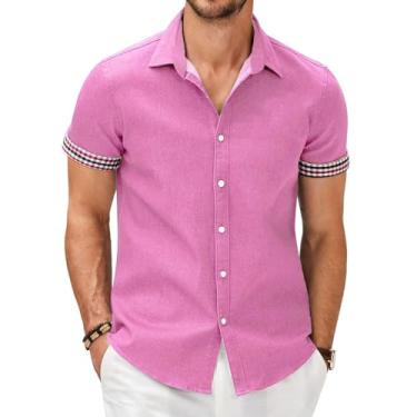 Imagem de YTPTPST Camisa Masculina de Manga Curta para Praia com Botões Casuais Camisas de Férias de Verão Gola Aberta Tops Soltos,Pink,S