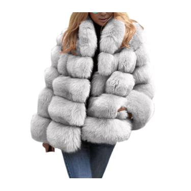 Imagem de Ruixinxue Casaco curto feminino de pele sintética, gola alta, jaqueta de pelúcia, quente, grosso, casaco de inverno, Cinza, G