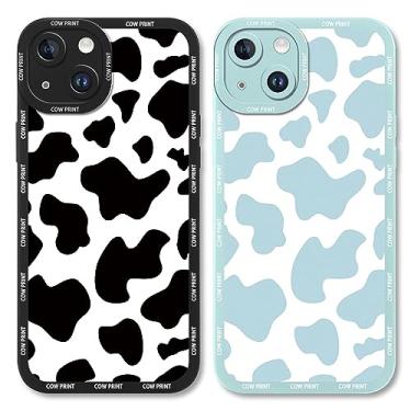 Imagem de RUMDEY Pacote com 2 capas de telefone fofas para Apple iPhone 14 Plus de 6,7 polegadas, capa de telefone de TPU macia fina de silicone com estampa de vaca moderna para mulheres, capa protetora à prova de choque para meninas, preta e azul