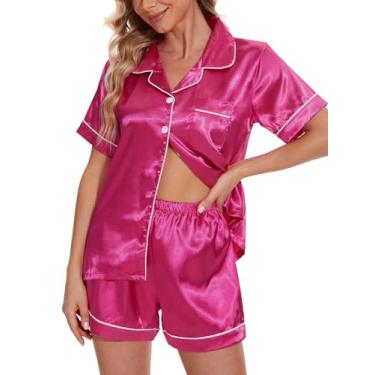 Imagem de VENTELAN Conjunto de pijama feminino plus size, super macio, manga curta e longa, conjunto de pijama de duas peças, Vermelho rosa, P