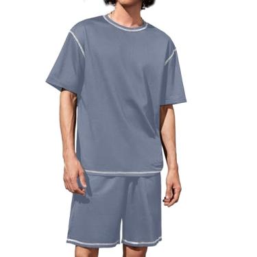 Imagem de Aulemen Conjunto de 2 peças de short masculino casual de verão com cordão, moda atlética, conjunto de camiseta e shorts, Cinza claro, 3G