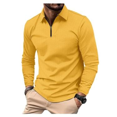 Imagem de Camisa polo masculina folgada estampa waffle cor sólida meio zíper frontal pulôver, Amarelo, 3G
