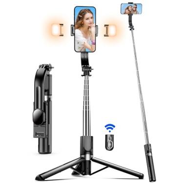 Imagem de Tripé de bastão de selfie de 114 cm com 2 luzes, tripé extensível 5 em 1 para telefone com bastão de selfie, bastões de selfie portáteis com controle remoto sem fio compatível com iPhone 15/14/13 Pro