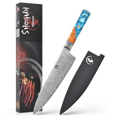 Imagem de Nordic Faca profissional de chef The New Shogun Series de 20 cm, super aço damasco dobrado de 67 camadas, núcleo VG-10, dureza Rockwell 60±2, cabo de madeira e resina, bainha magnética.