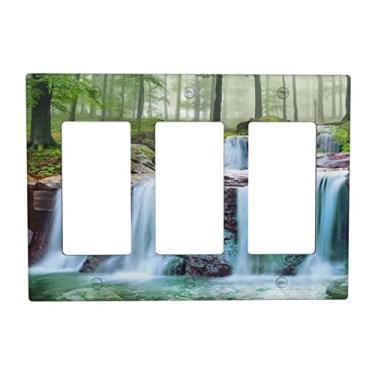Imagem de Cachoeira Cênica Natureza Floresta Verde Árvore Tripla Balancim Placa de Parede Decorativa 3 Gang Decora Tampa de Interruptor de Luz GFCI Tampa de Tomada Placa de Parede para Banheiro Decoração de Casa