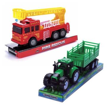 Imagem de Trator de Brinquedo A Fricção + Caminhão De Bombeiro A Fricção - Pica 