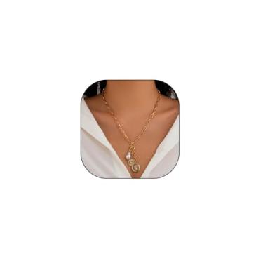 Imagem de Colar com pingente de ouro para mulheres, vintage, boêmio, pérola, moeda, pingente ajustável, sol e lua, colar de corrente de papel, bijuteria moderna, presentes, Large, Metal, Sem Pedra Preciosa