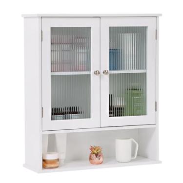 Imagem de Furlide Armário de parede de banheiro com porta de vidro, suporte de parede para armário de banheiro com prateleira aberta, armário de armazenamento de parede sobre o vaso sanitário, armário de