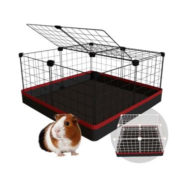 Imagem de Cercado Gaiola Porquinho da Índia 60x60cm com Bandeja Higiênica Tapete Impermeável Fácil de Limpar Cercadinho Pequenos Pets (Tela Preta e Tapete Cinza)